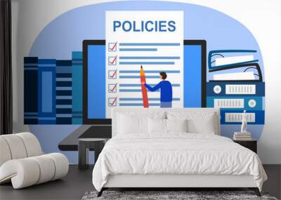 Businessman checking agreement and sign contract in flat design. Document data, terms and conditions and privacy policy on computer screen. Wall mural