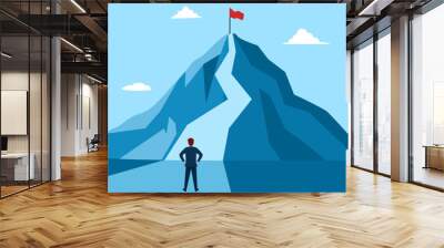 Businessman planning to reach the success flag on top of the mountain in flat design. Symbol of the startup, business finance, achievement and leadership concept vector illustration. Wall mural