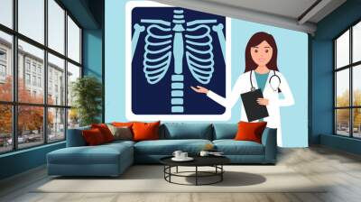 Doctor with chest Xray radiology film in flat design. Chest rib skeleton in medical X-ray film. Wall mural