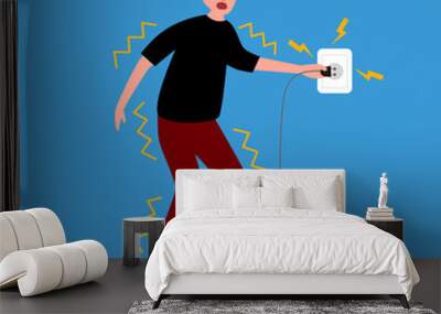 Electric shock risk concept vector illustration. Man standing on wet floor and get electric shock in flat design. Electric safety caution. Wall mural