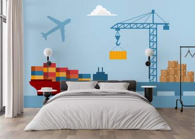 Export goods and service tax import international trade concept vector illustration. Cargo logistic being loaded container ship with working crane in flat design. Wall mural