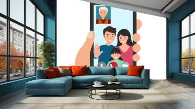 Family video call on smartphone in flat design on white background. Wall mural