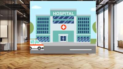 Hospital center building with ambulance car flat design vector illustration. Medical clinic concept. Wall mural