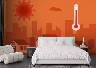 Hot climate in the city with strong sunlight and thermometer in flat design. Hot summer day concept. Wall mural