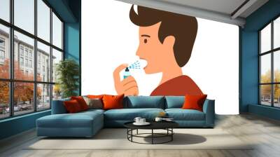 Man using mouth spray for fresh breathing or sore throat infection treatment in flat design on white background. Wall mural