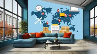 Online business trading with express international shipping concept vector illustration. Computer, airplane, delivery truck, package and document in flat design.	 Wall mural