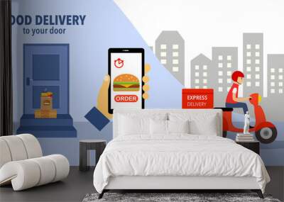 Online food order and food delivery to your door service. Uber eat, grab food, fast food design for landing page, web, poster, flyer. Ready meal logistic with city skyline background. Wall mural