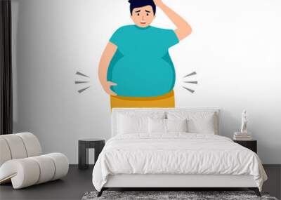 Overweight man standing on body scale in flat design on white background. Weight gain anxiety. Wall mural