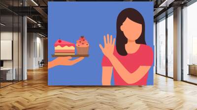 Woman refuse sweet dessert in flat design. Stop eating unhealthy sweet as cake, cupcake for a good health. Wall mural