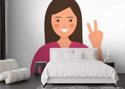 Woman smiling and showing two fingers peace or victory gesture in flat design on white background. Wall mural