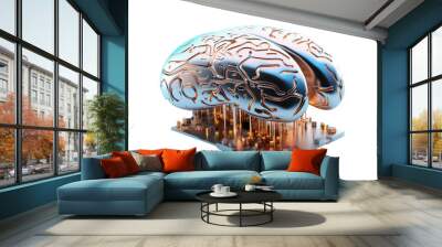 3D rendering of a human brain with a sleek, metallic digital surface and illuminated circuits, isolated on white background Wall mural