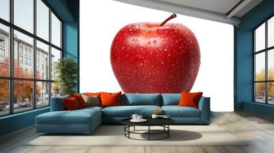 A close-up of a perfectly ripe red apple with water droplets on its surface showcasing its freshness isolated on white background Wall mural