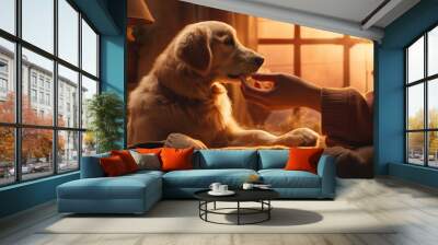 A cozy indoor setting with a human hand reaching out to a dog's paw, surrounded by warm light and soft textures Wall mural