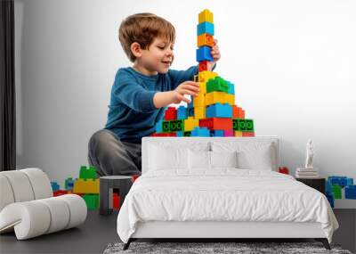 A creative boy with a pile of building blocks, constructing a towering castle of dreams in a playful studio setting. ,realistic photos isolated on white background Wall mural