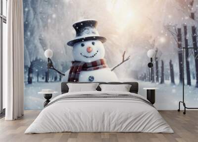 A happy snowman with a top hat and coal eyes smiling in a winter wonderland surrounded by soft Wall mural