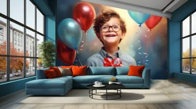 A joyful child holding a bunch of balloons in one hand and a gift box in the other, with a bright smile and a festive backdrop Wall mural