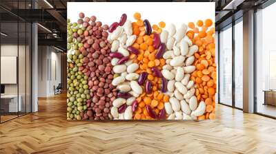 a medley of dried legumes, including lentils, beans, and peas, arranged in a colorful pattern on a white background. isolated on white background Wall mural