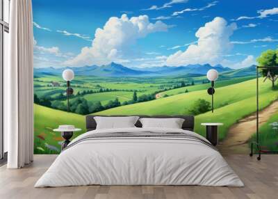 A panoramic view of a summer countryside with vibrant green hills, a winding trail, and a deep blue sky filled with soft, wispy clouds Wall mural