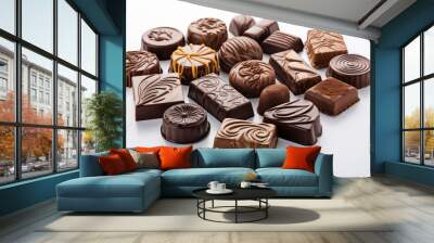 A selection of assorted gourmet chocolates arranged artfully on a pristine white surface, showcasing various shapes Wall mural