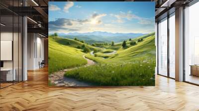 A serene countryside scene with gently sloping green hills, a meandering path, and scattered wildflowers under a warm summer sun Wall mural