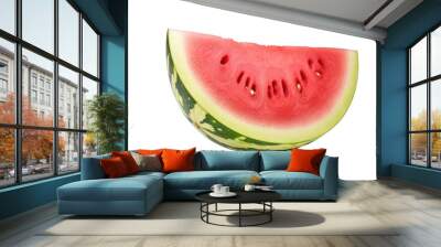 A sliced watermelon with its juicy red interior and green rind, displaying the fruit natural texture and seeds isolated on white background Wall mural