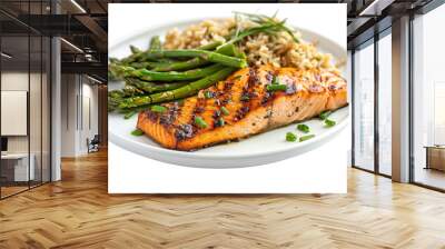 A tempting dinner plate filled with grilled salmon, roasted asparagus, and brown rice, isolated on a white background. Wall mural