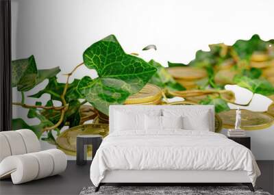 A vibrant green vine entwined around a stack of gold coins, symbolizing the flourishing of financial gains., realistic photos on a white background Wall mural