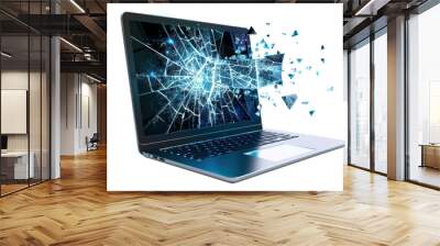 A vintage laptop with a cracked screen, from which a futuristic holographic display emerges, showcasing a network of interconnected devices., realistic photos on a white background Wall mural