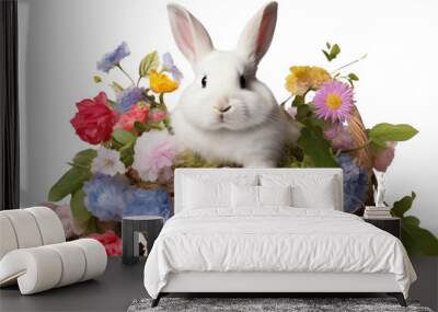 A white rabbit with bright pink eyes hopping isolated on white background Wall mural