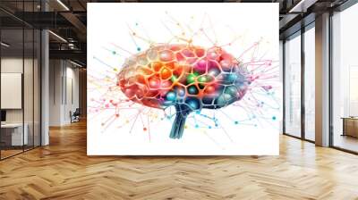 Artistic illustration of a human brain with vibrant digital connections and neural networks, isolated on white background Wall mural