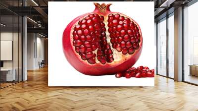 Fresh, ripe pomegranate cut in half showing vibrant red seeds and juicy interior isolated on white background Wall mural