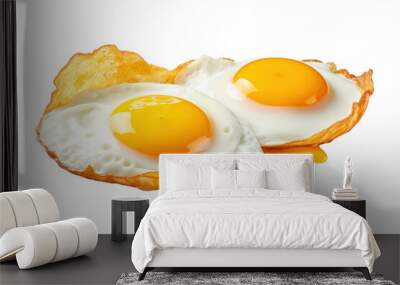 Fried eggs are delicious when sprinkled with chopped spring onions, isolated on a white background. Wall mural