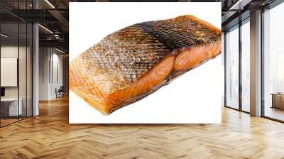 Salmon fillet fried to perfection. It has crispy skin and soft, juicy meat. Isolated on a white background. Wall mural