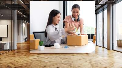 An Asian businesswoman, two owners with lots of boxes on their desks, happy to sell online, take orders from customers, and arrange their mail delivery Wall mural