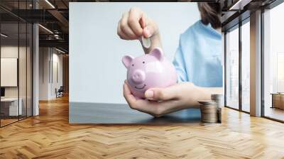 Women's hands are putting coins in the piggy bank Saving money with coins Step into a business that is growing to be successful and save for retirement ideas Wall mural