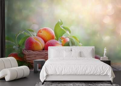 Juicy nectarines in a basket, glistening with dew, fresh from the orchard Wall mural