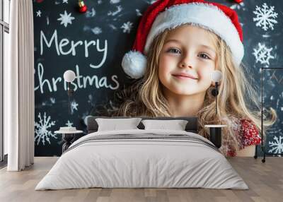 A charming image of a child expressing delight and excitement for Christmas. The chalkboard background and the playful text bubble add a vintage and nostalgic touch to the scene Wall mural