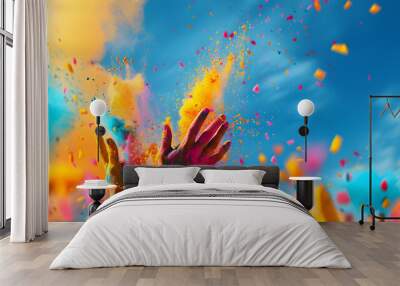 Colorful holi powder splashes at blue sky background - Format 16:9 Wall mural