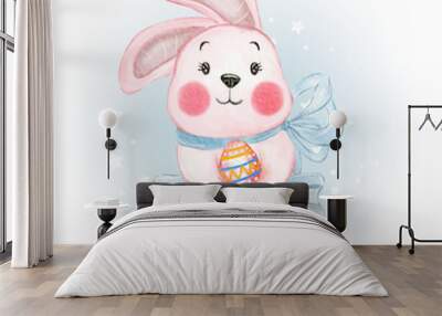 cute bunny ballerina with easter egg nursery watercolor illustration Wall mural