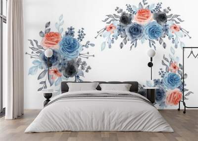 watercolor set of flower arrangement rose orange blue and leaves Wall mural