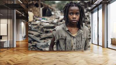 African-American refugee girl looking at camera standing next to ruins of her house. Generative AI Wall mural