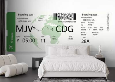 Airline boarding pass. Green ticket isolated on white background. Vector illustration Wall mural