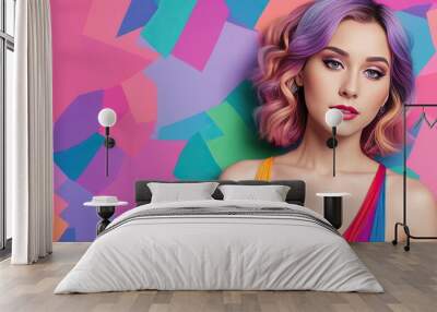 Beautiful young glamour woman with colorful hair, make-up. Colorful background in pastel colors. Generative AI Wall mural