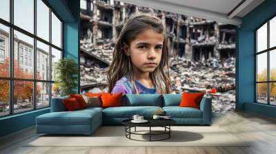 Little girl is on ruins of house. Generative AI Wall mural