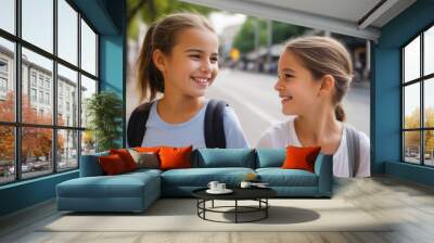 Portrait of a happy preteens girls on a city street Wall mural