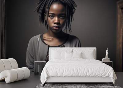 Sad african american teenager girl in dirty torn clothes in dark room. Generative AI Wall mural