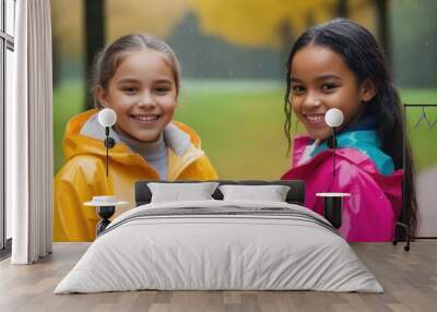 Two joyful preteen girls under summer rain Wall mural