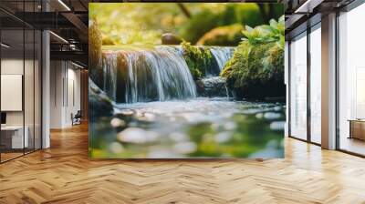 A close-up view of a small waterfall in a lush forest. The water flows over moss-covered rocks, creating a peaceful and serene atmosphere. Wall mural