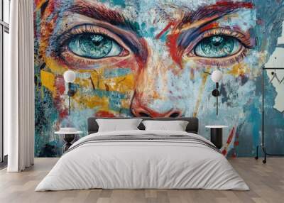 A colorful painting of a woman's face with blue eyes Wall mural