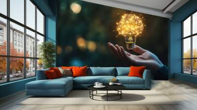 A hand holds a glowing light bulb, symbolizing ideas, inspiration, and innovation. The bulb's intricate network represents connectedness and the power of knowledge. Wall mural